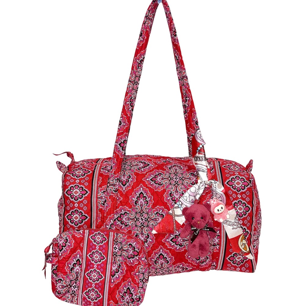 Vera Bradley Frankly Scarlet Quilted Cotton Duffel Bag with Pouch Red Paisley